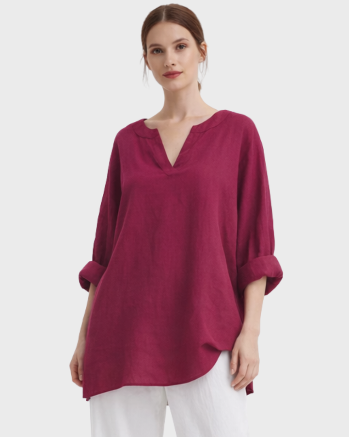 Kylie Casual Damebluse – Bluse med V-udskæring, Rulleærmer og Løs Pasform