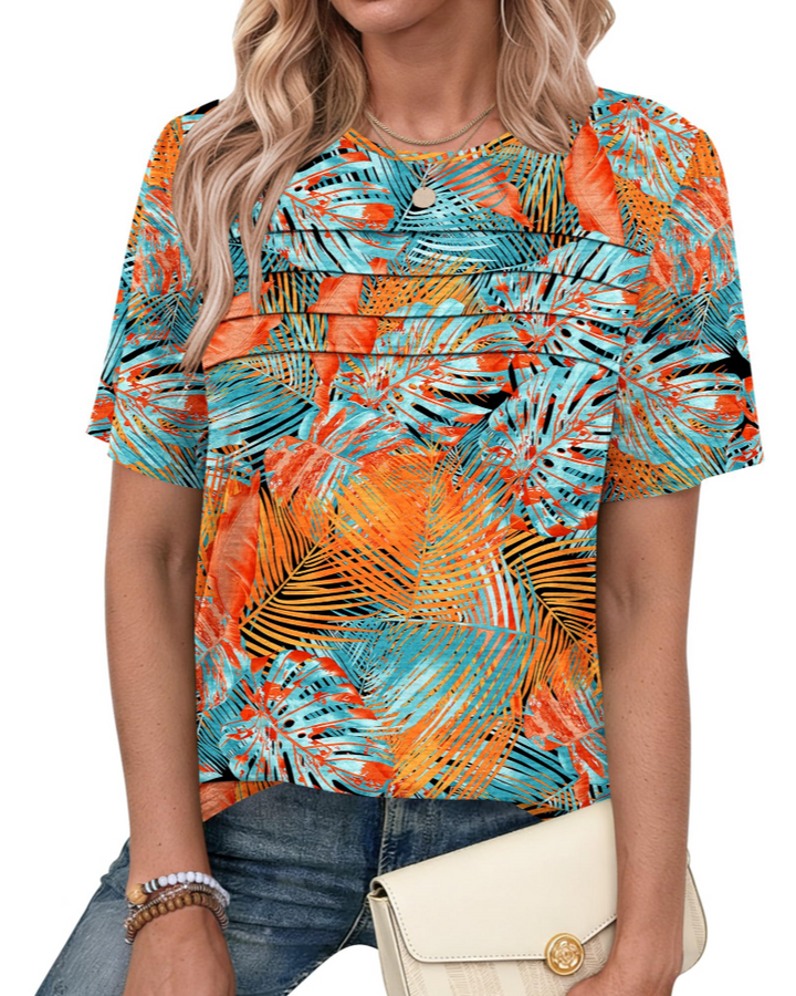 Remi Blusa Donna Elegante – Top Estivo Girocollo, Maniche Corte, Plissé Frontale, Casual