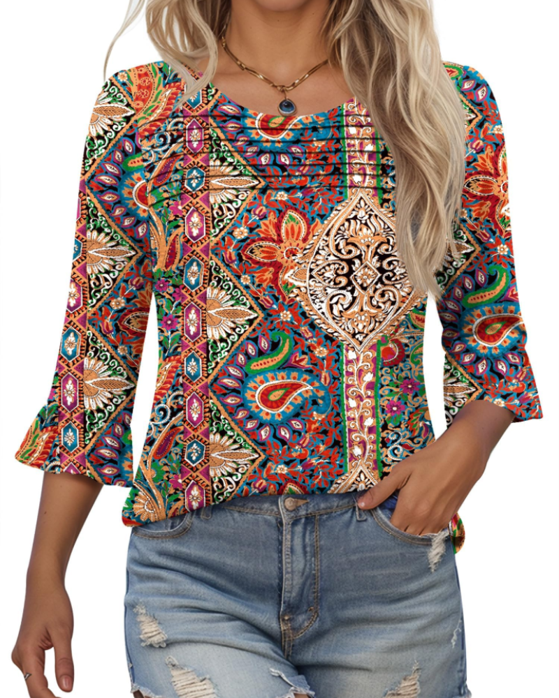 Briar Damenbluse Elegant – Sommer-Tunika 3/4-Arm, Plissee, Rundhals, Casual Chic