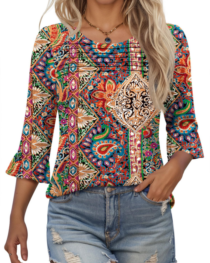 Briar Damenbluse Elegant – Sommer-Tunika 3/4-Arm, Plissee, Rundhals, Casual Chic