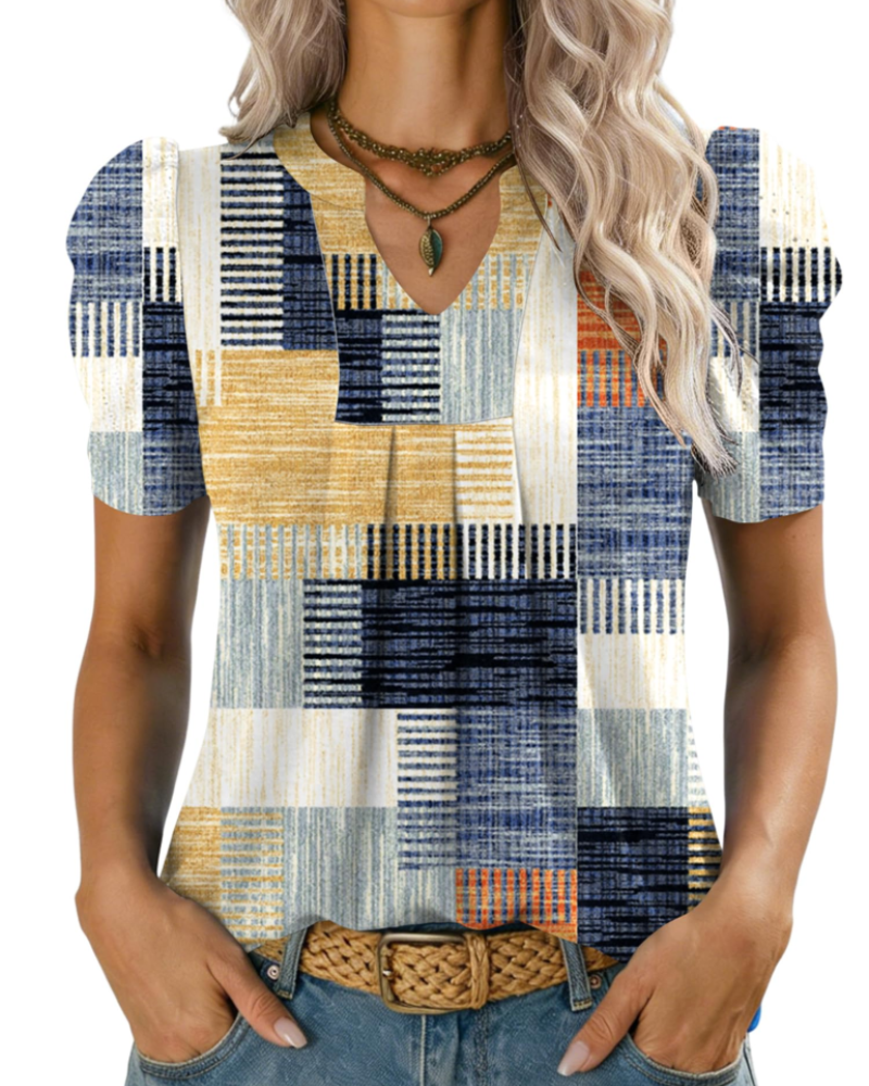 Zivelie Blusa Mujer Elegante – Top de Verano Escote en V, Mangas Cortas Abullonadas, Casual Chic