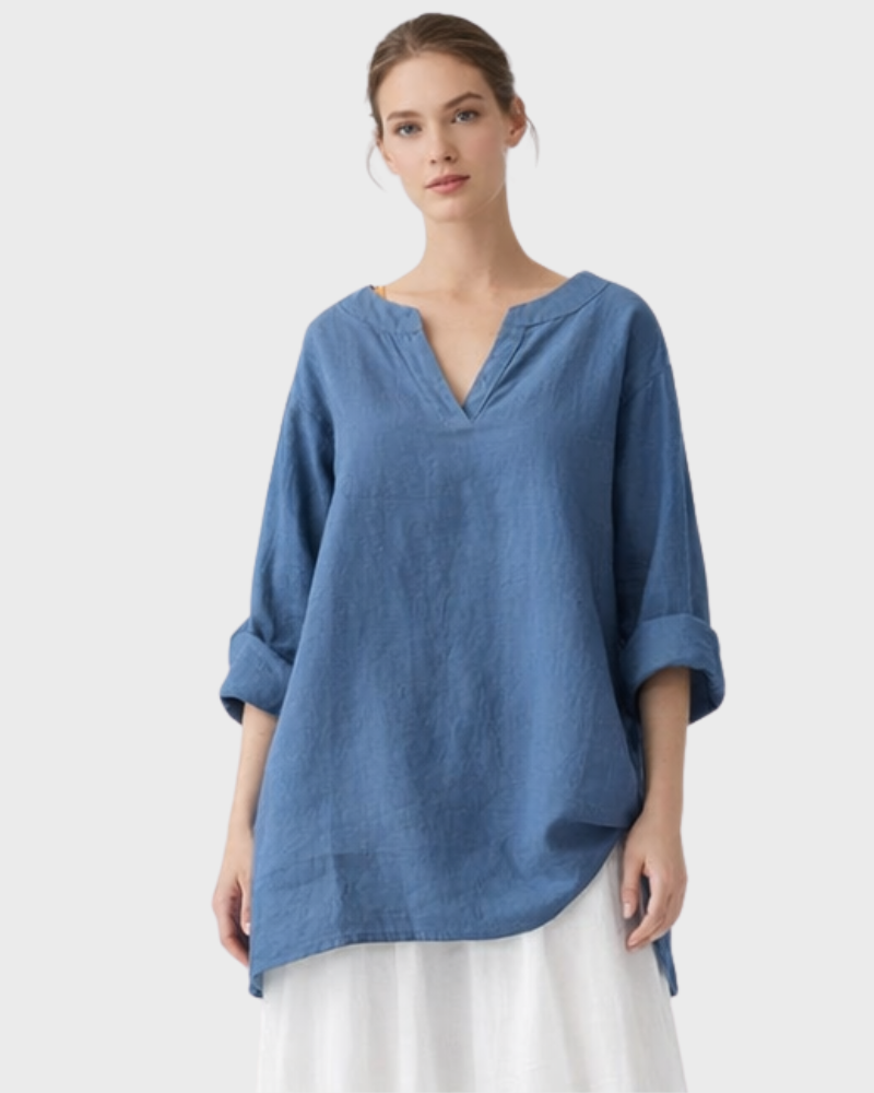 Kylie Casual Damebluse – Bluse med V-udskæring, Rulleærmer og Løs Pasform