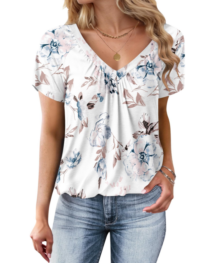 Zuri Dámske Oversize Tričko – Letný Top s Výstrihom do V, Plisé, Balónový Lem, Casual Chic