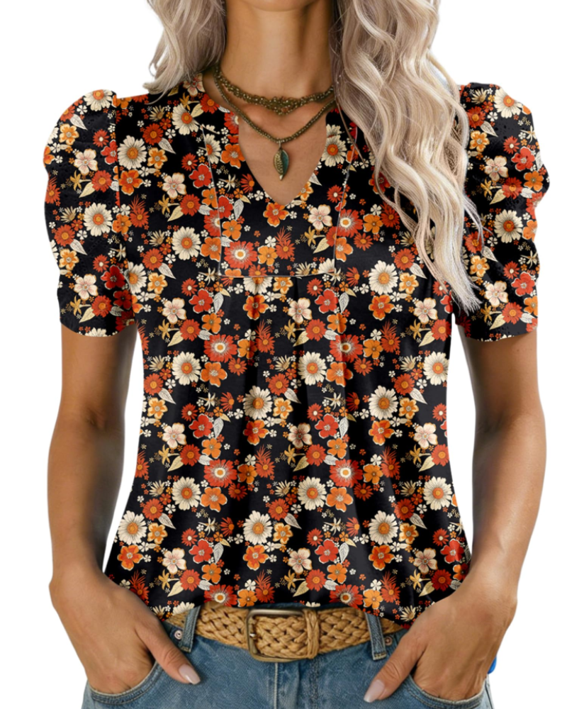 Zivelie Blusa Mujer Elegante – Top de Verano Escote en V, Mangas Cortas Abullonadas, Casual Chic