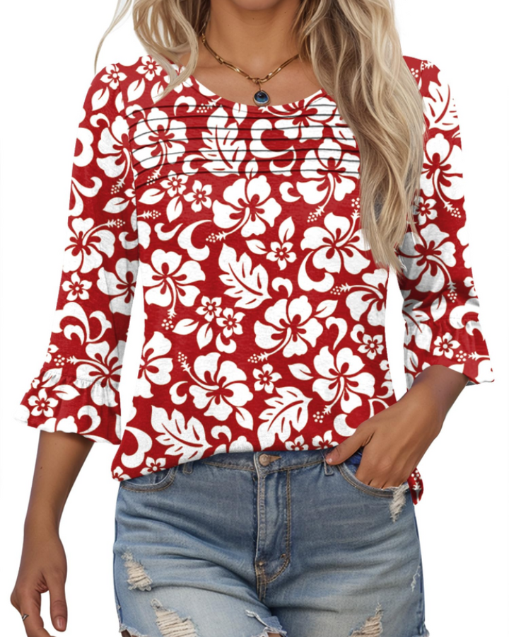 Briar Damenbluse Elegant – Sommer-Tunika 3/4-Arm, Plissee, Rundhals, Casual Chic
