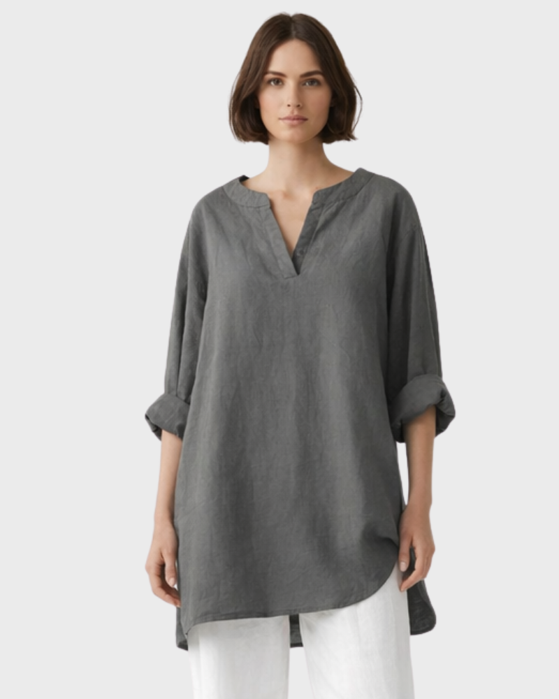 Kylie Casual Damebluse – Bluse med V-udskæring, Rulleærmer og Løs Pasform