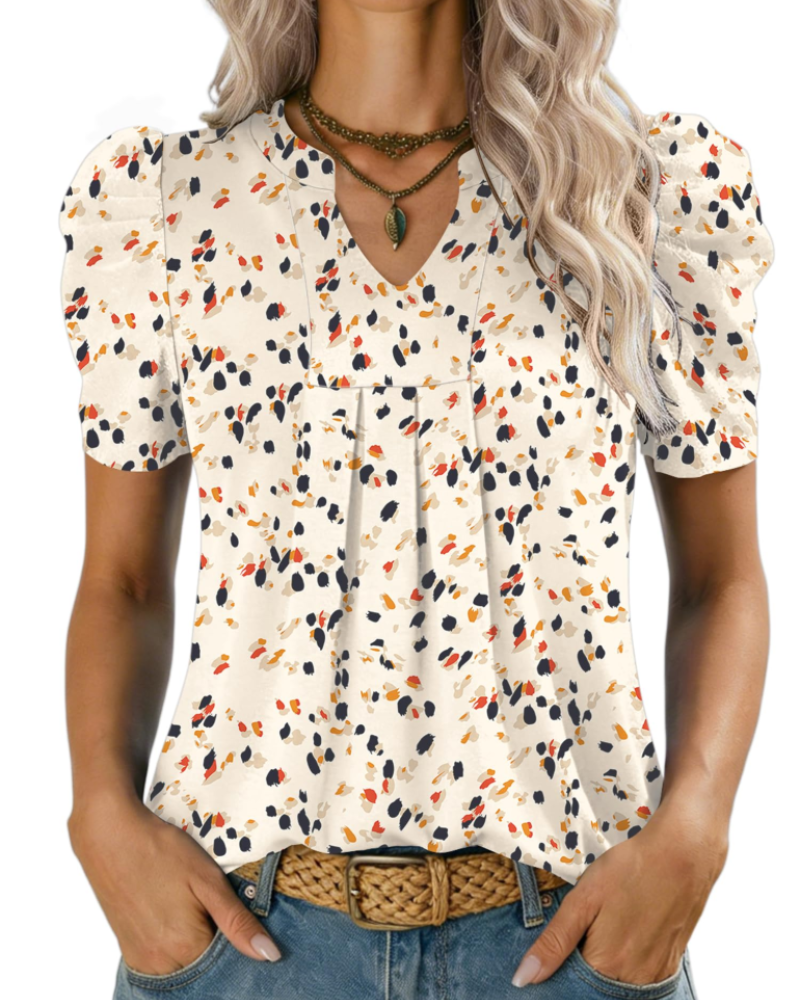 Zivelie Blusa Mujer Elegante – Top de Verano Escote en V, Mangas Cortas Abullonadas, Casual Chic