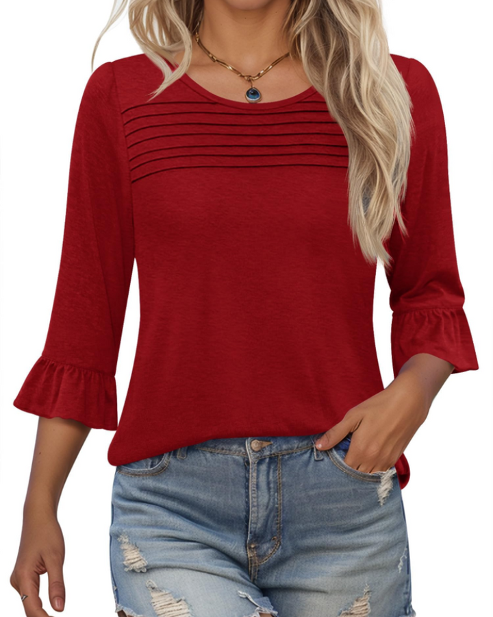 Briar Damenbluse Elegant – Sommer-Tunika 3/4-Arm, Plissee, Rundhals, Casual Chic