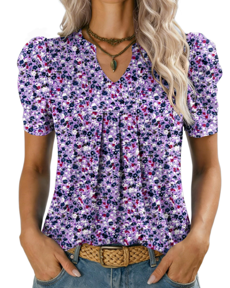 Zivelie Blusa Mujer Elegante – Top de Verano Escote en V, Mangas Cortas Abullonadas, Casual Chic