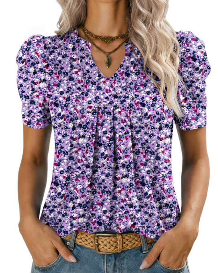 Zivelie Blusa Mujer Elegante – Top de Verano Escote en V, Mangas Cortas Abullonadas, Casual Chic