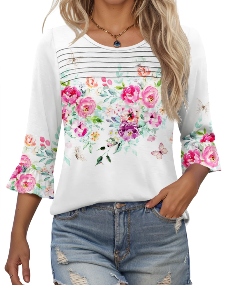 Briar Damenbluse Elegant – Sommer-Tunika 3/4-Arm, Plissee, Rundhals, Casual Chic