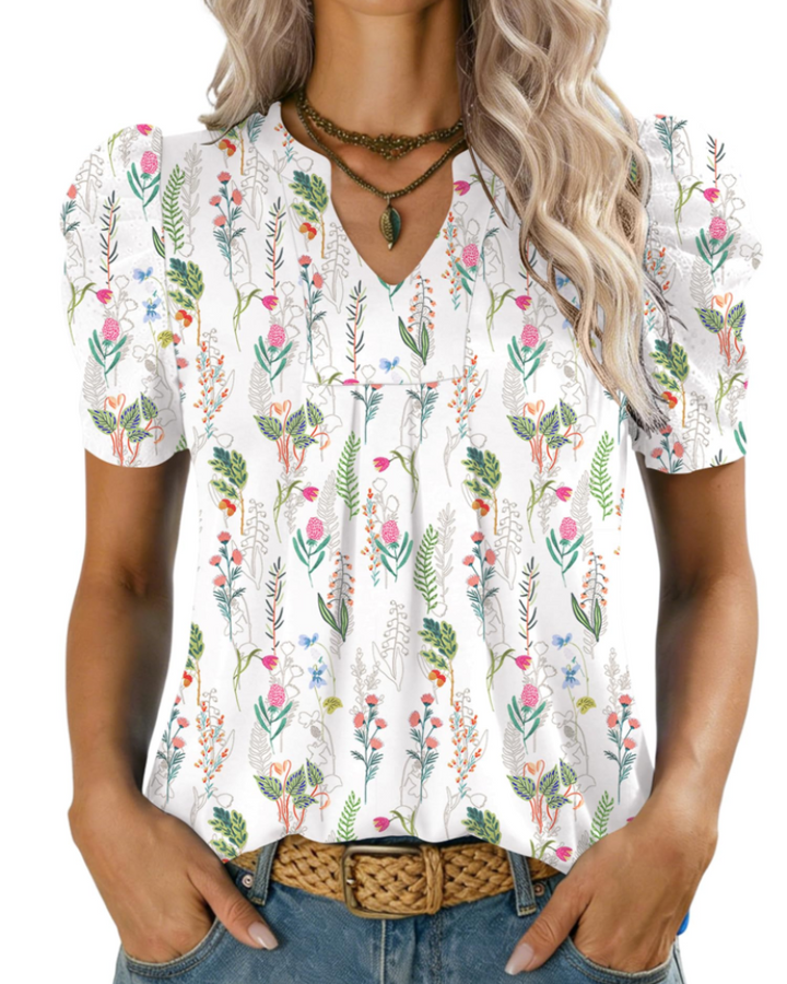 Zivelie Blusa Mujer Elegante – Top de Verano Escote en V, Mangas Cortas Abullonadas, Casual Chic