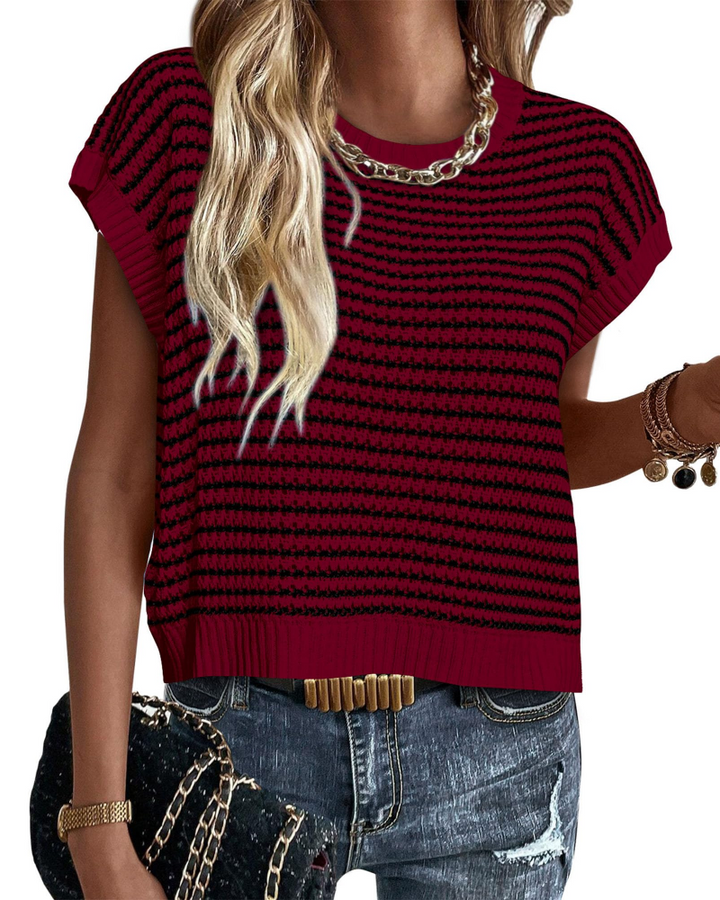 Viora Women's Knit Sweater – Striped Crew Neck, Cap Sleeves & Lightweight Casual Chic Pullover