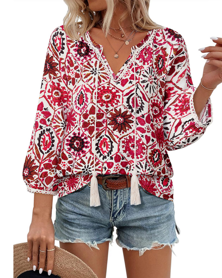 Azelia Bluse til Kvinder Boho – V-udskæring, Blomstret Print & Frontknude, 3/4 Ærmer Flowy