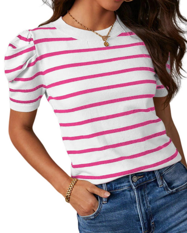 Alvena Top Donna – Ριγέ Γύρος Λαιμού, Φουσκωτά Μανίκια & Πλεκτό Slim Fit Καλοκαιρινό
