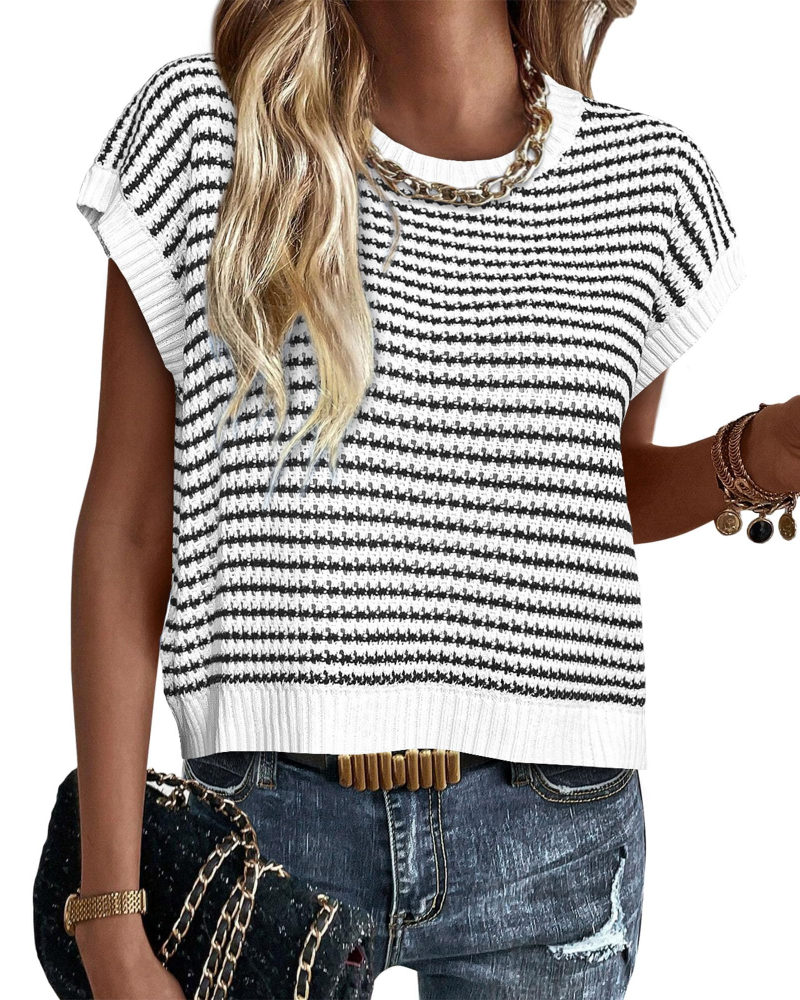 Viora Women's Knit Sweater – Striped Crew Neck, Cap Sleeves & Lightweight Casual Chic Pullover