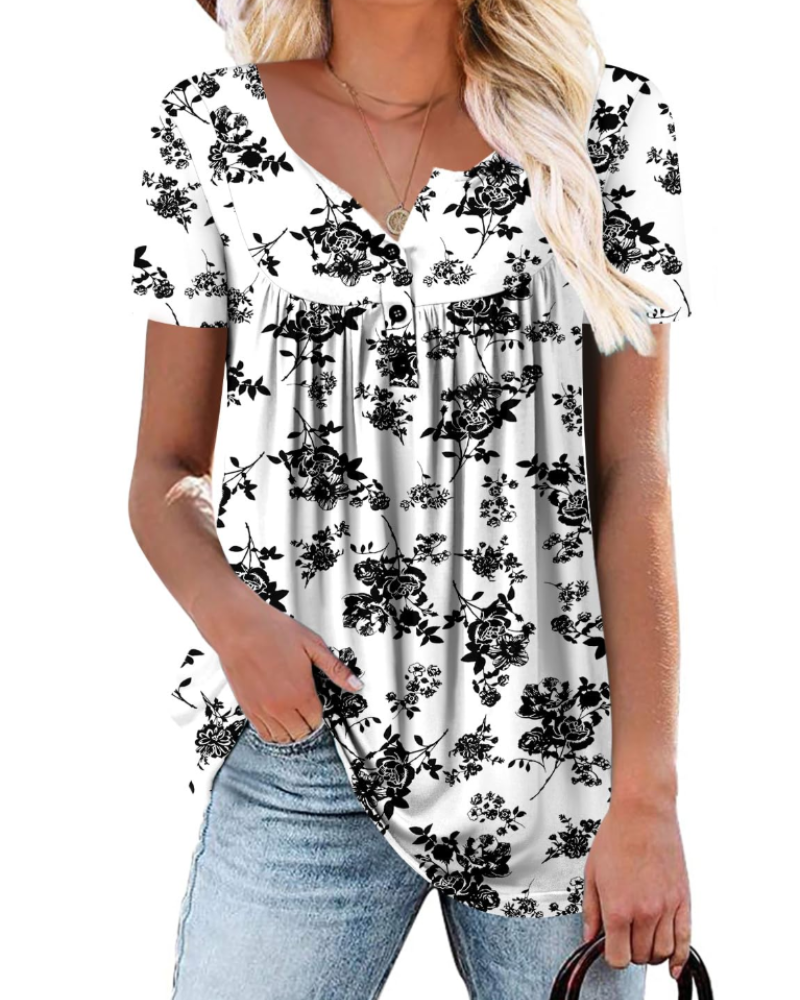 Yelina Tunika Donna – Výstřih do V, Plisované Detaily & Volný Casual Top