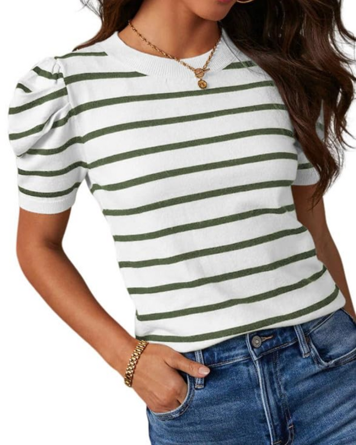 Alvena Top Donna – Ριγέ Γύρος Λαιμού, Φουσκωτά Μανίκια & Πλεκτό Slim Fit Καλοκαιρινό