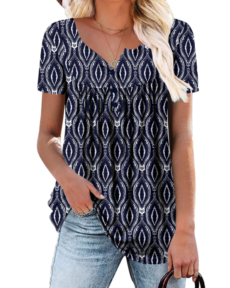 Yelina Tunika Donna – Výstřih do V, Plisované Detaily & Volný Casual Top