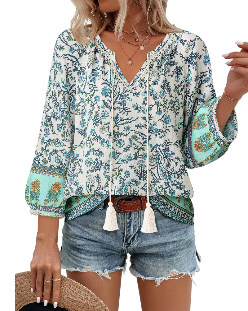 Azelia Bluse til Kvinder Boho – V-udskæring, Blomstret Print & Frontknude, 3/4 Ærmer Flowy