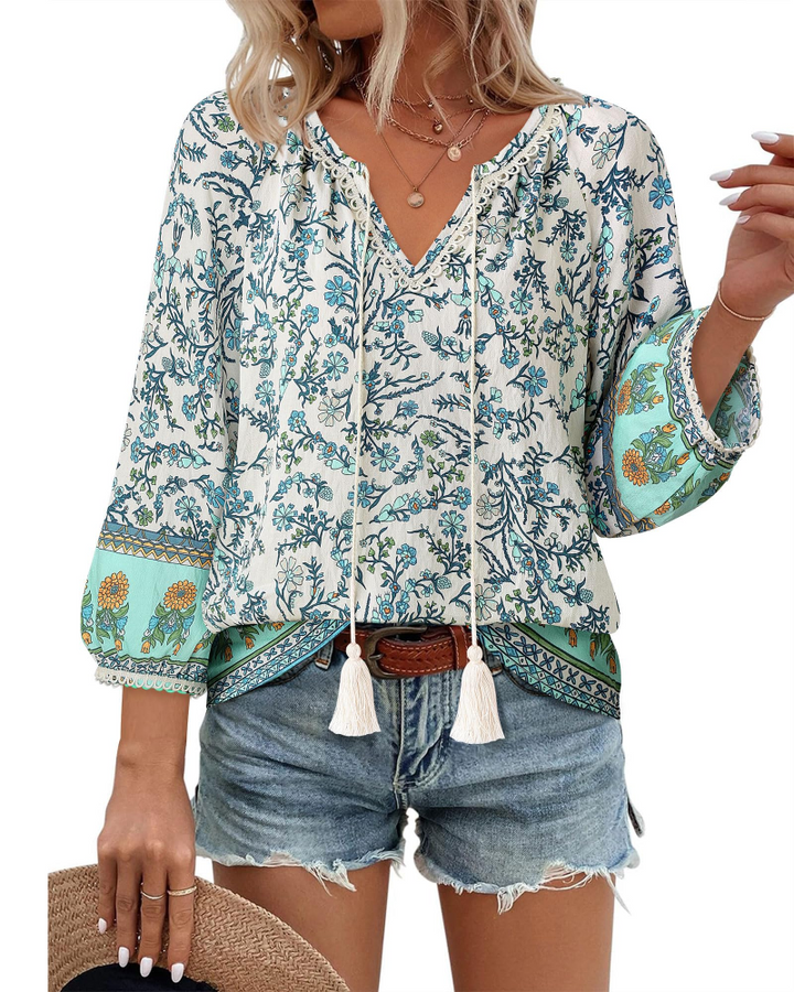 Azelia Bluse til Kvinder Boho – V-udskæring, Blomstret Print & Frontknude, 3/4 Ærmer Flowy