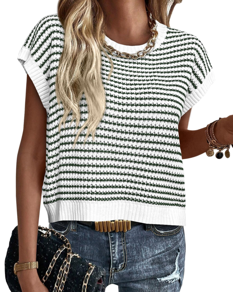 Viora Women's Knit Sweater – Striped Crew Neck, Cap Sleeves & Lightweight Casual Chic Pullover