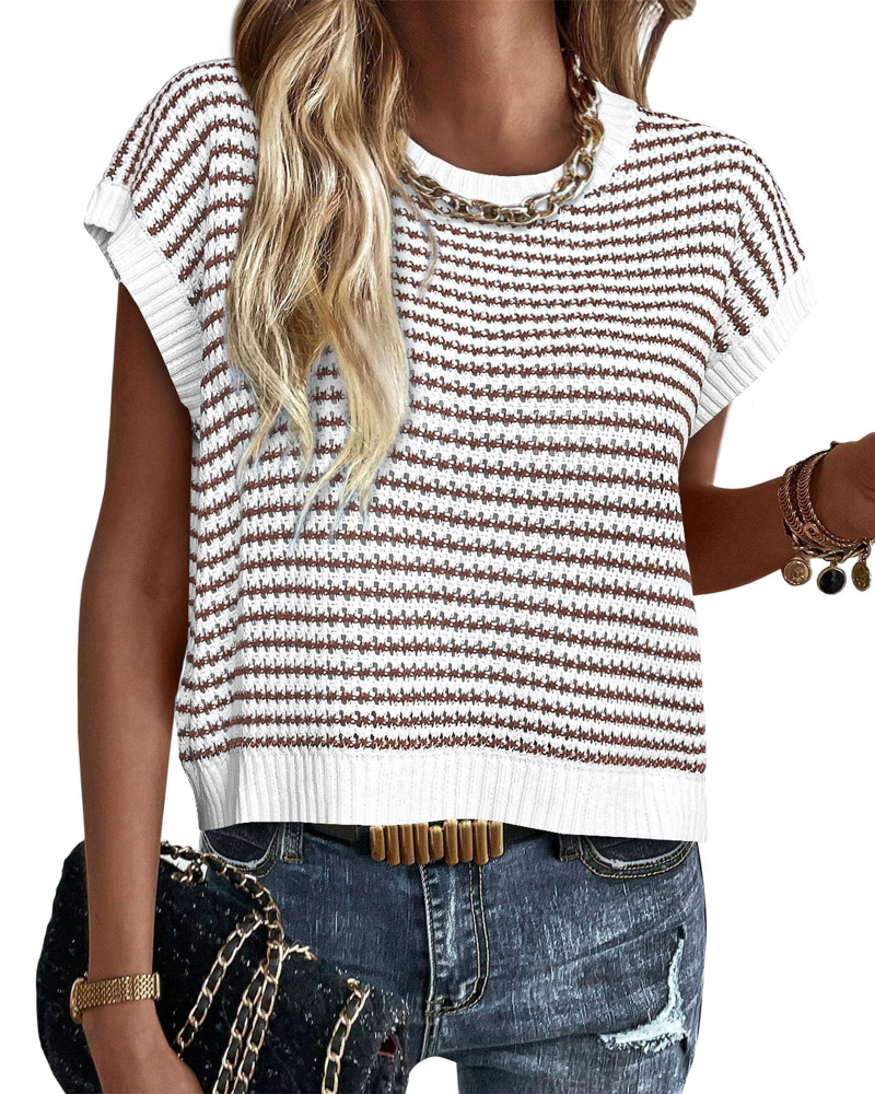 Viora Women's Knit Sweater – Striped Crew Neck, Cap Sleeves & Lightweight Casual Chic Pullover