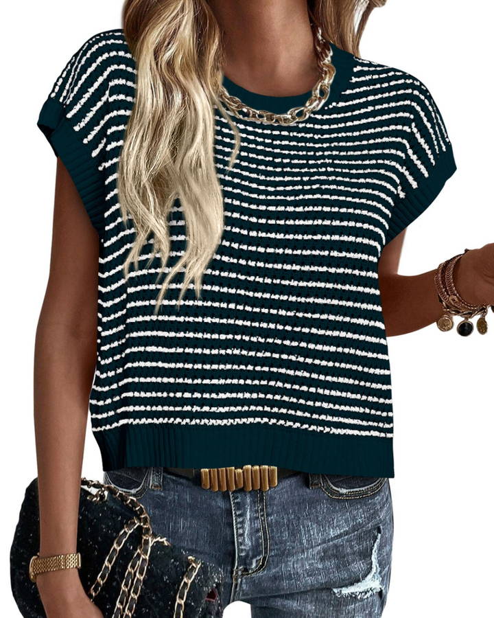 Viora Women's Knit Sweater – Striped Crew Neck, Cap Sleeves & Lightweight Casual Chic Pullover