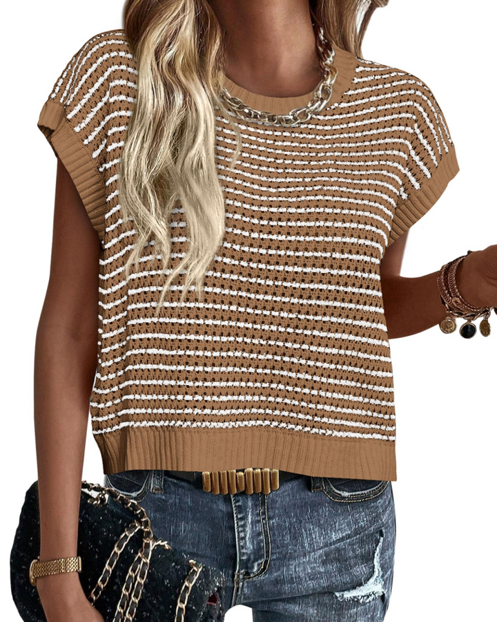 Viora Women's Knit Sweater – Striped Crew Neck, Cap Sleeves & Lightweight Casual Chic Pullover