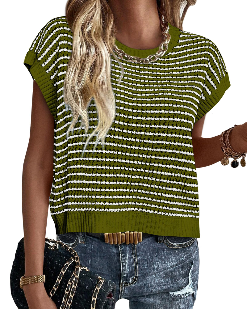 Viora Women's Knit Sweater – Striped Crew Neck, Cap Sleeves & Lightweight Casual Chic Pullover