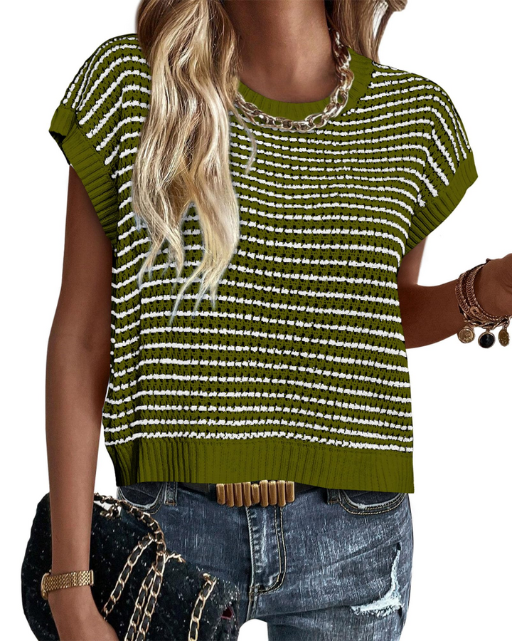 Viora Women's Knit Sweater – Striped Crew Neck, Cap Sleeves & Lightweight Casual Chic Pullover