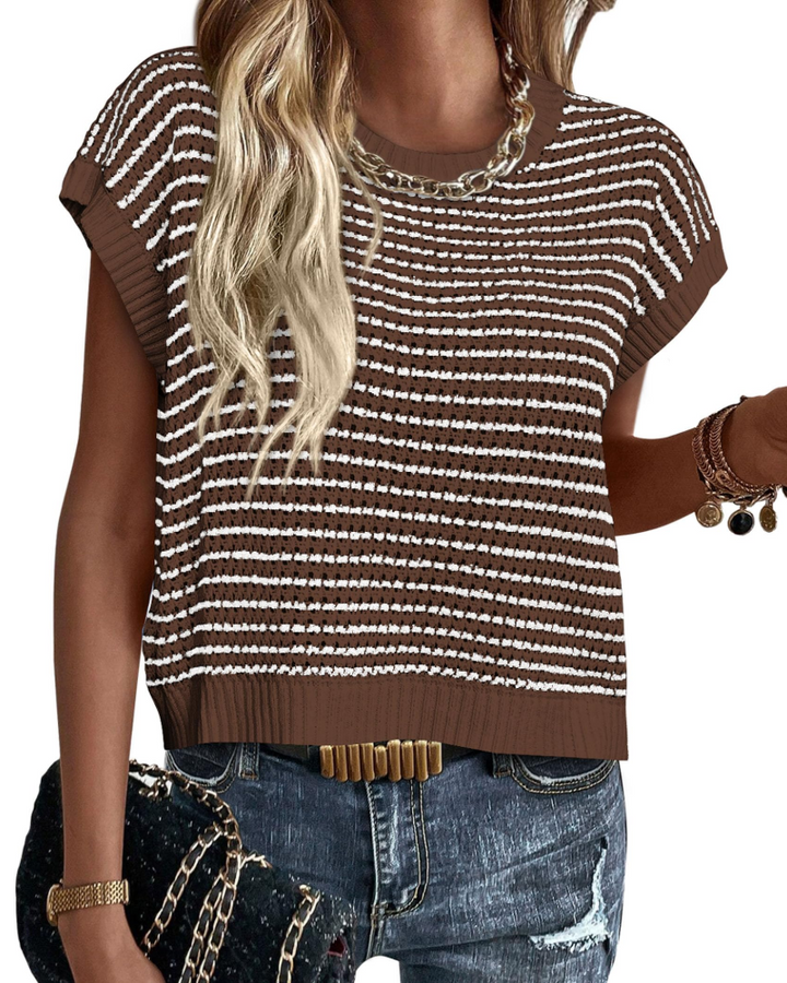 Viora Women's Knit Sweater – Striped Crew Neck, Cap Sleeves & Lightweight Casual Chic Pullover
