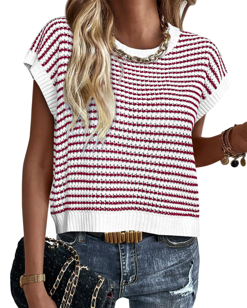 Viora Women's Knit Sweater – Striped Crew Neck, Cap Sleeves & Lightweight Casual Chic Pullover