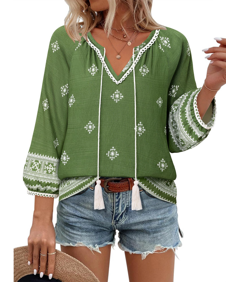 Azelia Bluse til Kvinder Boho – V-udskæring, Blomstret Print & Frontknude, 3/4 Ærmer Flowy