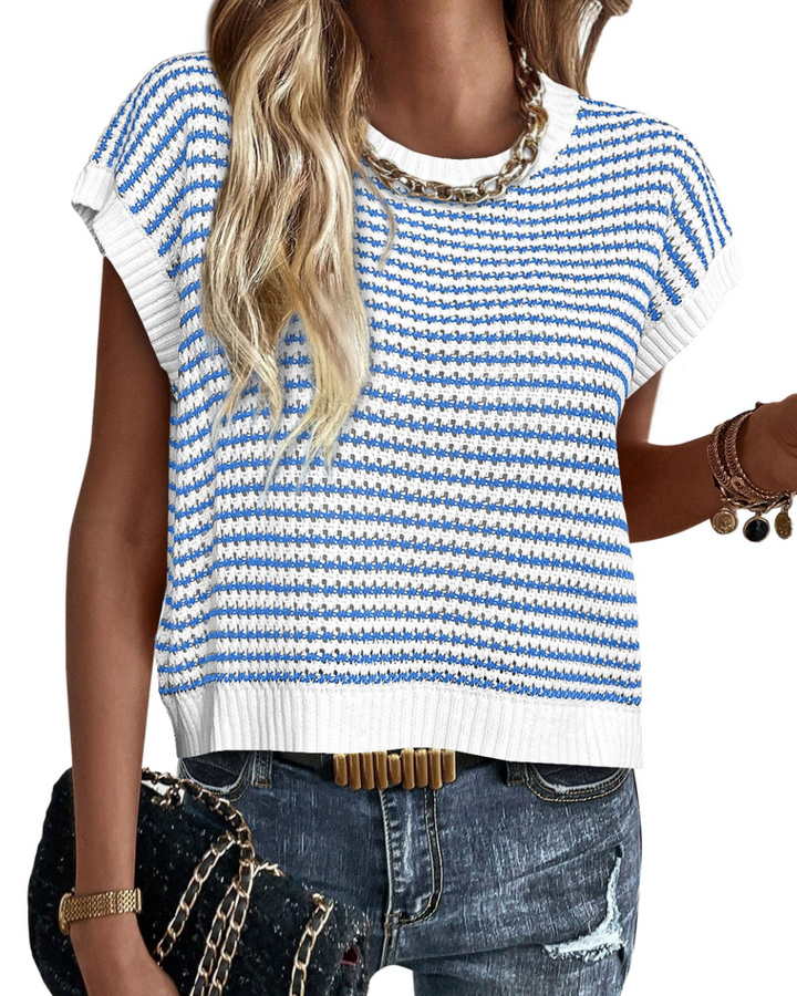Viora Women's Knit Sweater – Striped Crew Neck, Cap Sleeves & Lightweight Casual Chic Pullover