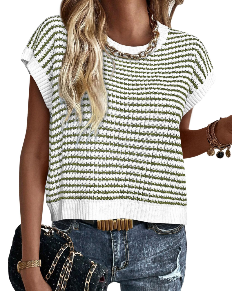 Viora Women's Knit Sweater – Striped Crew Neck, Cap Sleeves & Lightweight Casual Chic Pullover