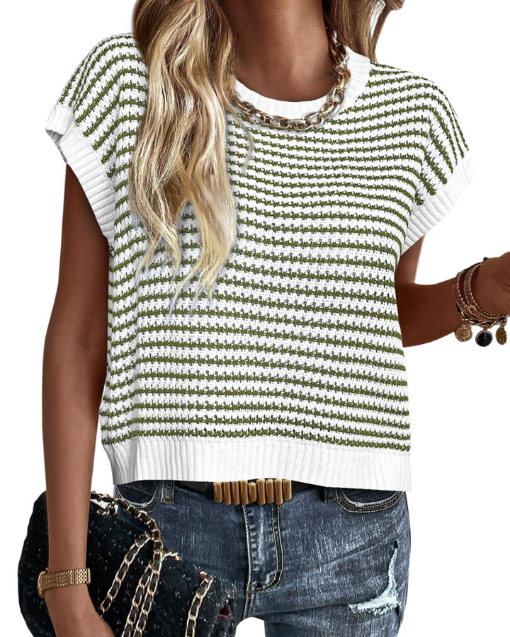 Viora Women's Knit Sweater – Striped Crew Neck, Cap Sleeves & Lightweight Casual Chic Pullover