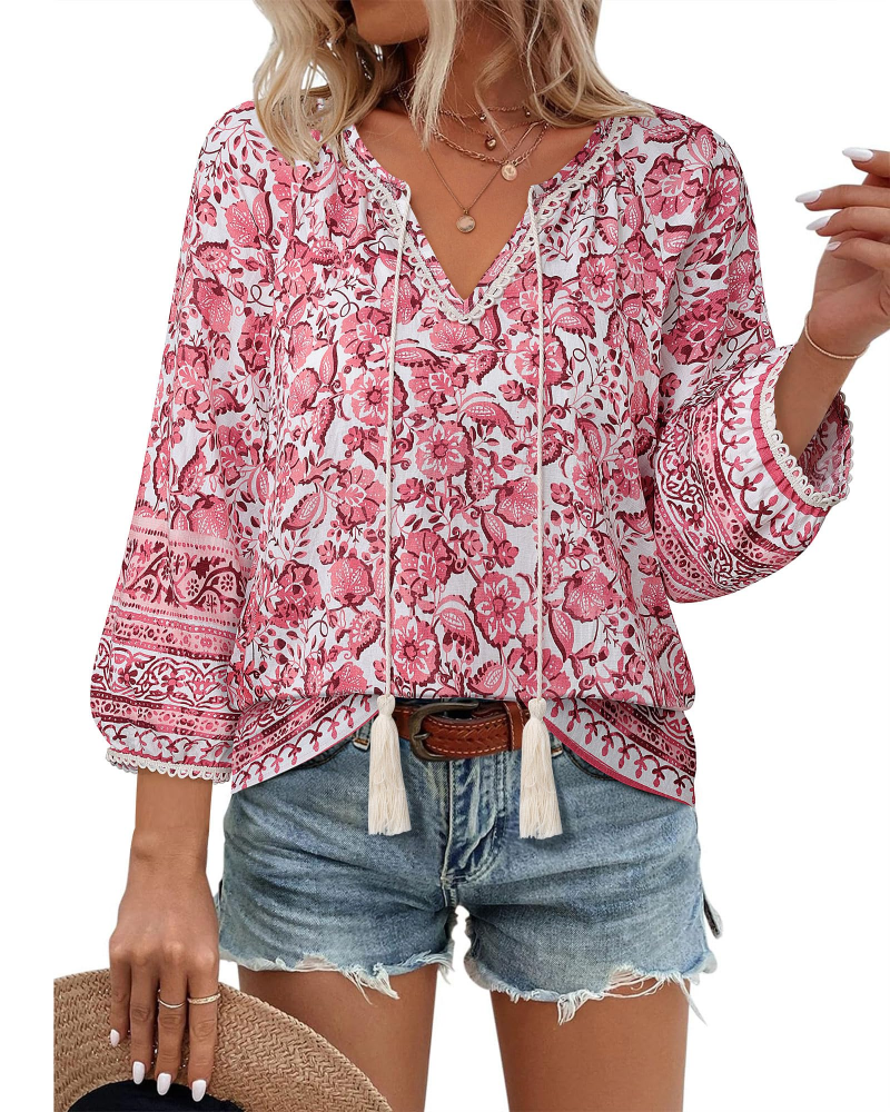 Azelia Bluse til Kvinder Boho – V-udskæring, Blomstret Print & Frontknude, 3/4 Ærmer Flowy