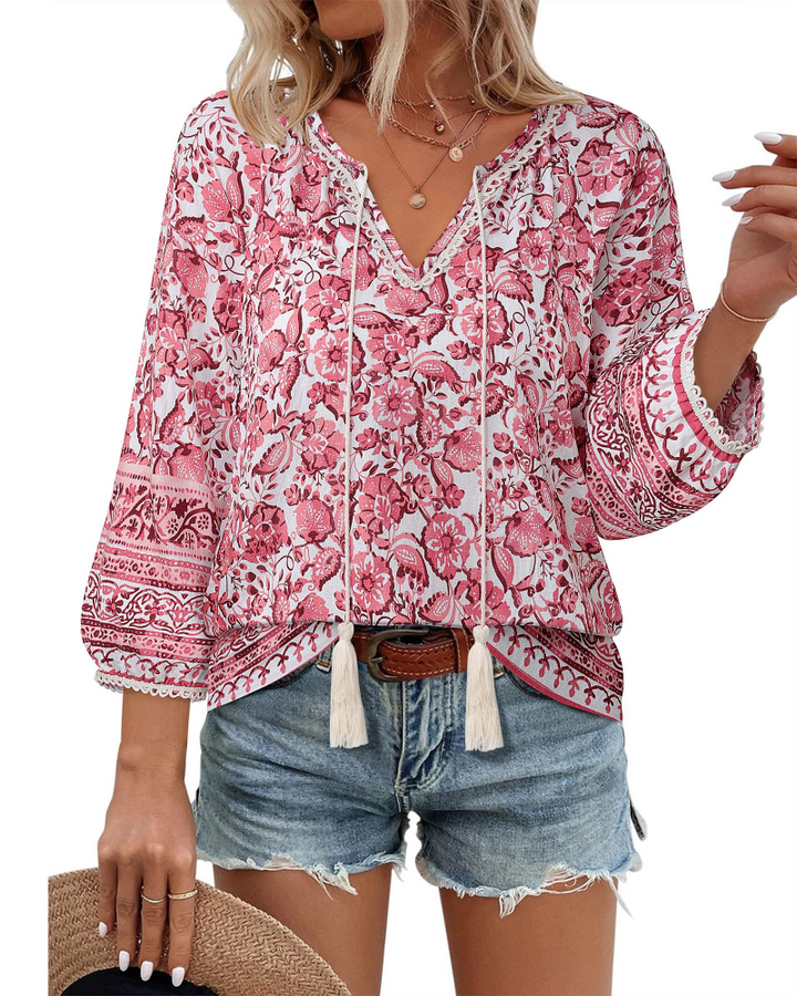 Azelia Bluse til Kvinder Boho – V-udskæring, Blomstret Print & Frontknude, 3/4 Ærmer Flowy