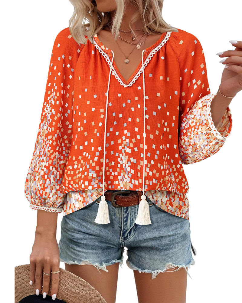 Azelia Bluse til Kvinder Boho – V-udskæring, Blomstret Print & Frontknude, 3/4 Ærmer Flowy
