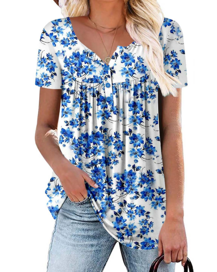 Yelina Tunika Donna – Výstřih do V, Plisované Detaily & Volný Casual Top