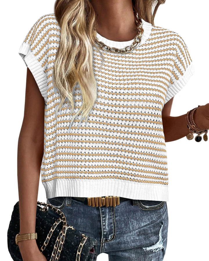 Viora Women's Knit Sweater – Striped Crew Neck, Cap Sleeves & Lightweight Casual Chic Pullover