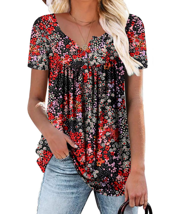 Yelina Tunika Donna – Výstřih do V, Plisované Detaily & Volný Casual Top