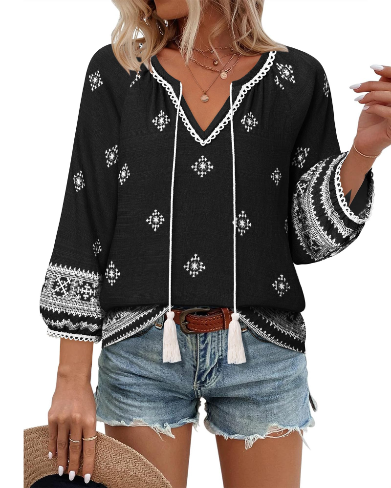 Azelia Bluse til Kvinder Boho – V-udskæring, Blomstret Print & Frontknude, 3/4 Ærmer Flowy