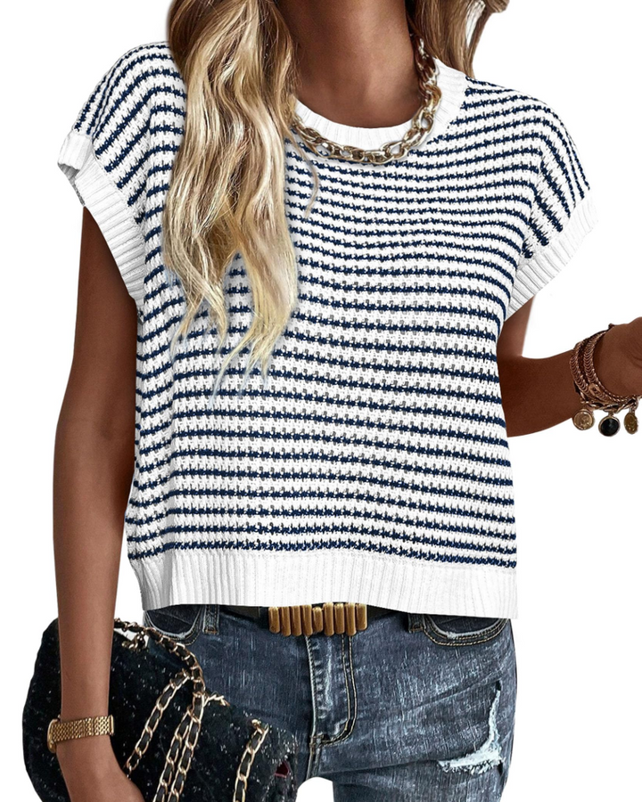 Viora Women's Knit Sweater – Striped Crew Neck, Cap Sleeves & Lightweight Casual Chic Pullover