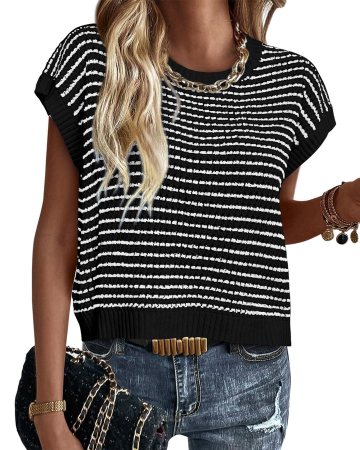 Viora Women's Knit Sweater – Striped Crew Neck, Cap Sleeves & Lightweight Casual Chic Pullover