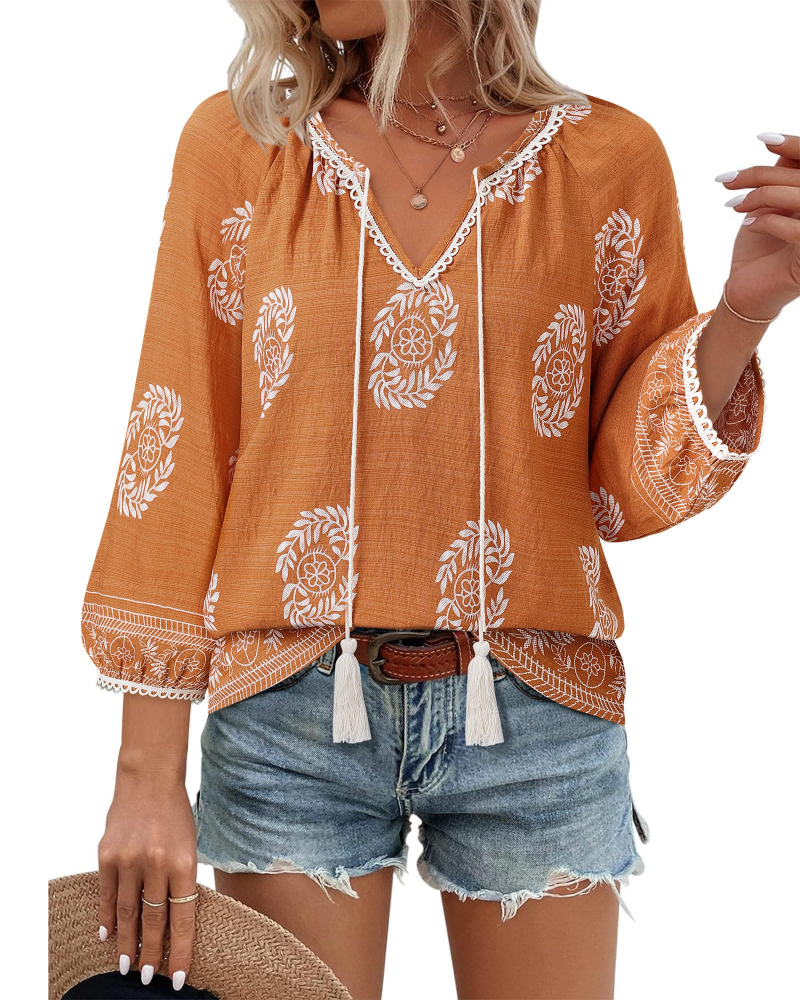 Azelia Bluse til Kvinder Boho – V-udskæring, Blomstret Print & Frontknude, 3/4 Ærmer Flowy