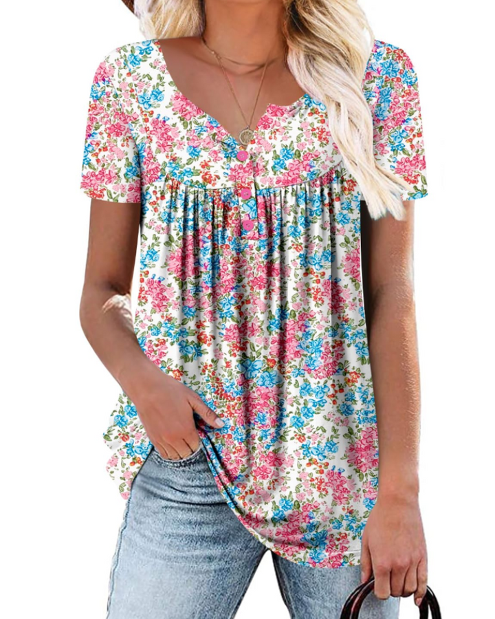 Yelina Tunika Donna – Výstřih do V, Plisované Detaily & Volný Casual Top