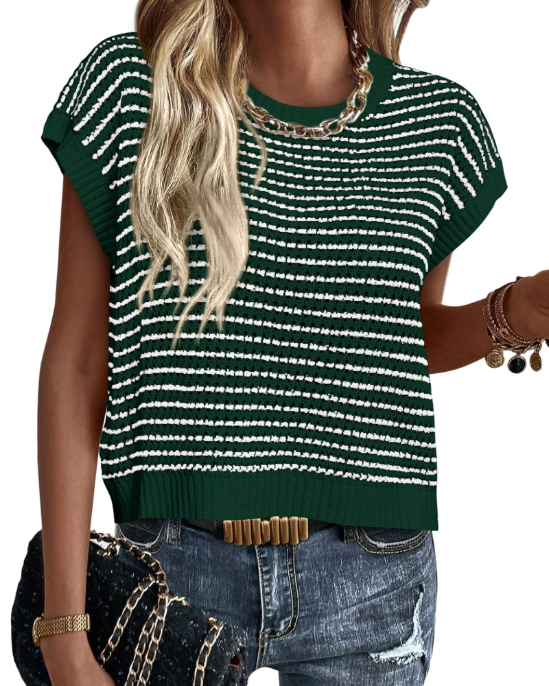 Viora Women's Knit Sweater – Striped Crew Neck, Cap Sleeves & Lightweight Casual Chic Pullover