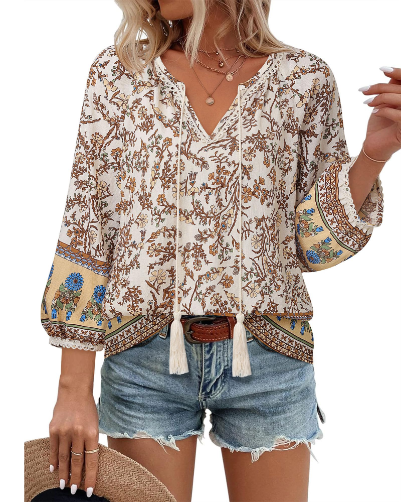 Azelia Bluse til Kvinder Boho – V-udskæring, Blomstret Print & Frontknude, 3/4 Ærmer Flowy